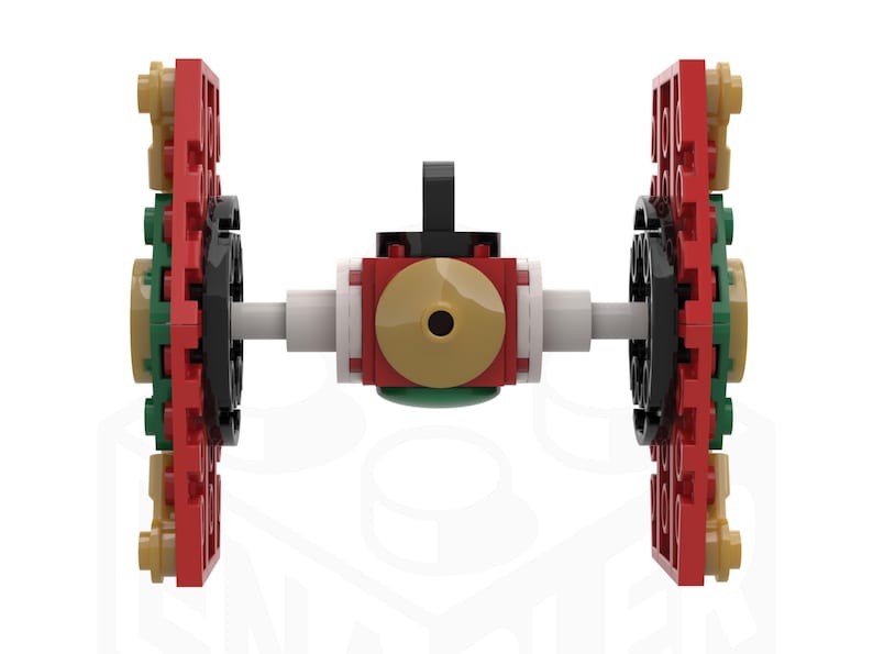 Puede incluir: Una nave espacial LEGO roja, verde y negra con un disco dorado en el centro. La nave espacial tiene dos alas grandes a cada lado.