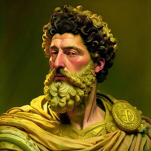 Puede incluir: Un busto de un hombre con barba y cabello rizado, vistiendo una túnica amarilla con un medallón de oro. La escultura está pintada en un esquema de colores amarillo y dorado.
