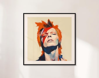 May include: Framed portrait of a person with orange hair and a red lightning bolt across their face. The artwork features a vibrant color palette with shades of orange, red, blue, and beige. The portrait is set against a neutral background and framed in a black border.