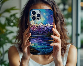 Etui z witrażowym wyglądem Mountain kompatybilne z iPhone'em 12, 13, 14, 15, 16, wytrzymałe etui na telefon, ochrona telefonu, prezent na świeżym powietrzu,