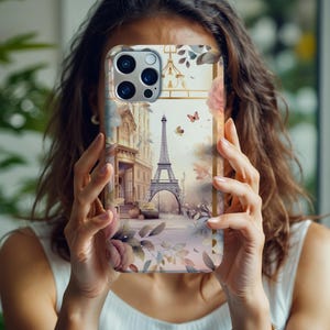 Parisian Chic Tough iPhone 12, 13, 14, 15, 16 Compatible Tough Case, Eiffel Tower Phone Case, Flower Design Case, Stylish, Gifts for Her