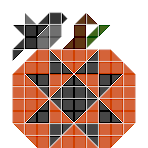 Könnte beinhalten: Ein geometrischer Kürbis mit einem braunen Stiel und einem grünen Blatt. Der Kürbis besteht aus orangefarbenen und grauen Quadraten und Dreiecken.