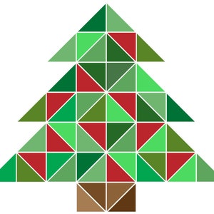 Puede incluir: Un árbol de Navidad geométrico verde y rojo con una base marrón.
