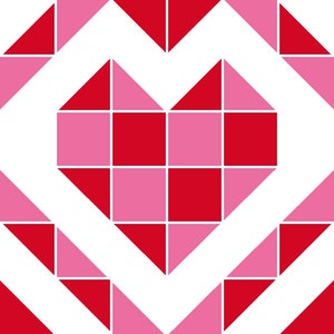 Puede incluir: Una forma de corazón roja y rosa hecha de cuadrados y triángulos. El corazón está formado por una cuadrícula de cuadrados, con cuadrados rojos y rosas alternados. El corazón está rodeado por un borde de triángulos, con triángulos rojos y rosas alternados.