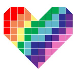 May include: A rainbow heart made of small squares. The heart is made of red, orange, yellow, green, blue, indigo, and violet squares.