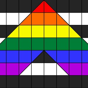 May include: A geometric design featuring a rainbow-colored triangle atop a smaller inverted triangle, set against a black and white checkered background. The rainbow colors include red, orange, yellow, green, blue, and purple.