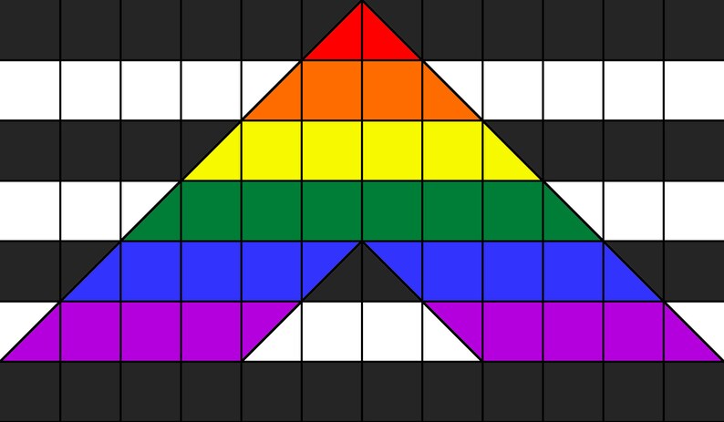 May include: A geometric design featuring a rainbow-colored triangle atop a smaller inverted triangle, set against a black and white checkered background. The rainbow colors include red, orange, yellow, green, blue, and purple.