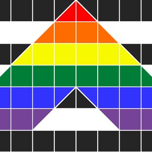 May include: A geometric design featuring a rainbow-colored triangle pointing upwards, set against a background of alternating black squares and white stripes. The triangle is composed of red, orange, yellow, green, blue, and purple squares.