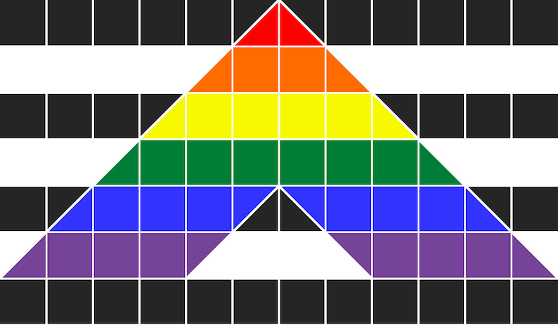 May include: A geometric design featuring a rainbow-colored triangle pointing upwards, set against a background of alternating black squares and white stripes. The triangle is composed of red, orange, yellow, green, blue, and purple squares.