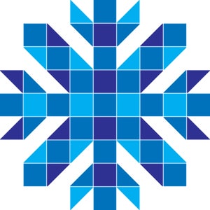 Puede incluir: Un diseño de copo de nieve azul y morado hecho de cuadrados y triángulos.