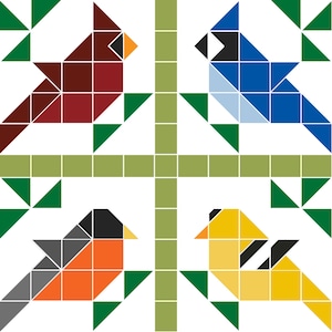 May include: A geometric quilt block design featuring four stylized birds in shades of red, blue, orange, and yellow. The birds are composed of triangles and squares, set against a white background with green accents and a central green cross.