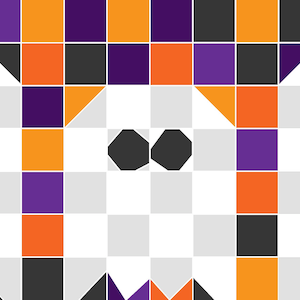 Könnte beinhalten: Drei weiße Geister mit schwarzen Augen und Mündern sind in einer Reihe vor einem Hintergrund aus orangefarbenen, violetten und schwarzen Quadraten angeordnet.
