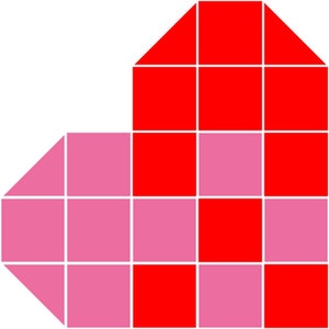 以下が含まれることがあります： 白線で区切られた、赤とピンクの正方形と三角形で構成されたハート型のグラフィックイラスト。ハートは正方形と三角形のグリッドで構成されており、上部は赤、下部はピンクです。