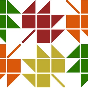 以下が含まれることがあります： 正方形と三角形でできた4枚の秋の葉の模様。葉は赤、緑、オレンジ、黄色です。