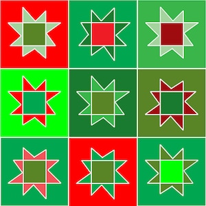 Puede incluir: Un patrón de nueve estrellas verdes, rojas y blancas con un cuadrado más pequeño en el centro de cada estrella. Los cuadrados están rellenos de diferentes colores, incluyendo verde, rojo y blanco.