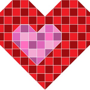 Puede incluir: Un corazón rojo con un corazón rosa y morado en su interior. Ambos corazones están hechos de cuadrados.