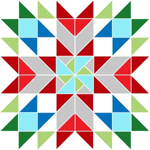 Puede incluir: Un patrón de bloque de colcha con un diseño de estrella en rojo, verde, azul, azul claro y gris. La estrella está formada por triángulos y cuadrados.