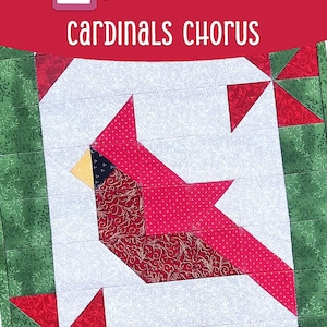 Könnte beinhalten: Ein Quilt-Kit mit dem Titel "Cardinals Chorus" mit einem geometrischen Design eines Kardinals. Der Vogel ist hauptsächlich rot mit goldenen und schwarzen Akzenten, vor einem weißen Hintergrund. Die fertige Größe beträgt 35,56 cm x 111,76 cm. Für Anfänger geeignet.