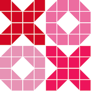 Puede incluir: Cuatro formas geométricas hechas de cuadrados rosas y rojos. Las formas están dispuestas en una cuadrícula. Las formas de la parte superior izquierda y la inferior derecha son una X roja. Las formas de la parte superior derecha y la inferior izquierda son un círculo rosa.