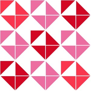 Puede incluir: Un patrón geométrico de triángulos rojos y rosas dispuestos en una cuadrícula.