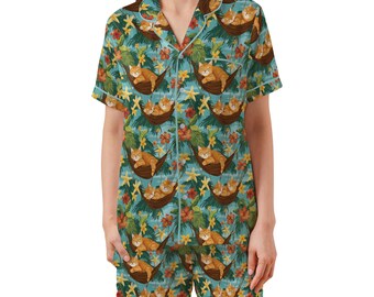 Hängematte Kätzchen Satin Pyjama | Orange Katzen PJs mit Taschen, für Kinder und Erwachsene