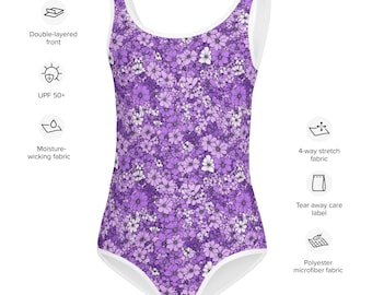 Purple Kawaii Flowers One Piece Youth Swimsuit, 2T to Kids 20