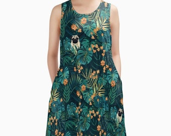 Pug Palm Trees Tank Dress with Pockets