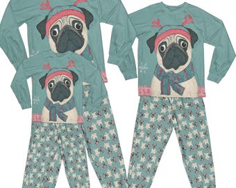 Adorable Reindeer Pug Pajama Set for Cozy Nights, Matching Family Raglan PJS