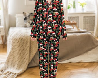 Santa Pug Matching Family Satin Christmas Pajamas with Pockets: Adult and Kids