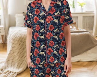 Roter und schwarzer Mops Satin Pyjama | PJs mit Taschen, für Kinder und Erwachsene