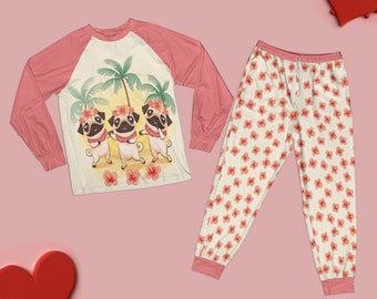 Hula Pugs Matching Family Pajamas: Tropical Flower Pattern