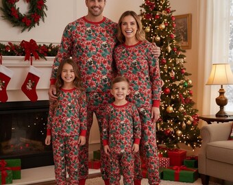 Poinsettia Pug Christmas Pajamas: Matching Family Raglan Set or Seperates