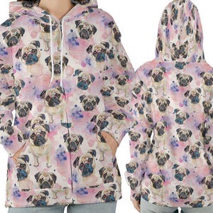 May include: A zip-up hoodie featuring a repeating pattern of watercolor pug dog illustrations on a light pink and purple watercolor background. The hoodie has a hood and two front pockets.