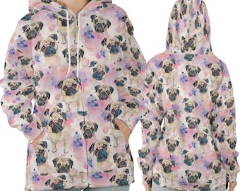 Aquarell Mops Zip Hoodie, Gender Neutral Sweatshirt, Warmer und bequemer mittelschwerer Reißverschluss Hoodie