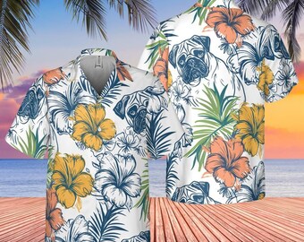 Pug and Flowers Aloha Shirt, Camp Hawaiian Shirt, Perfect Gift for Pug Dads or Moms, Gender Neutral Comfort Fit, Big Tropical Design