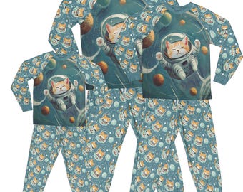 Space Cat Matching Family Raglan Pajamas, Kids and Adult Sizing, Orange Cat PJ Set or Pants Only