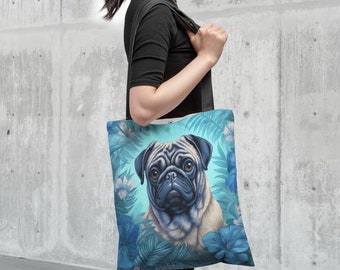 Pug is Watching You Lined Tote Bag with Pocket, Available in Two Sizes