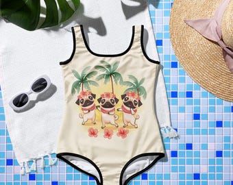 Hula Pugs Youth Swimsuit: 50+ UPF, 2T to Kids 20, Toddlers and Youth sizing