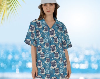 Blue Pug Aloha Shirt, Tropical Hawaiian Style, Unisex Fit, Pug Life Camp Shirt, Great gift for Pug and Tiki lovers