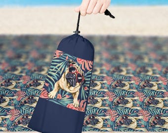 Tropical Sunglasses Pug Sand-Proof Outdoor Blanket for Beach or Park, Carrying Case included