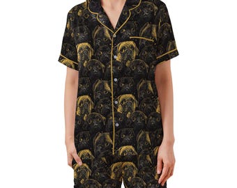 Goldener Mops Kurzarm Satin Pyjamas Set | Seidig weiche PJ-Shorts mit Taschen