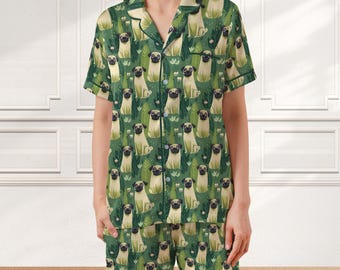 Grüner Mops Satin Pyjama | PJs mit Taschen, für Kinder und Erwachsene