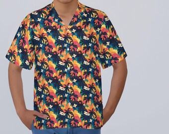 Regenbogen Palmen Aloha Shirt, Unisex Fit, Erwachsene, Jugendliche, Haustiergrößen für passende Familienshirts