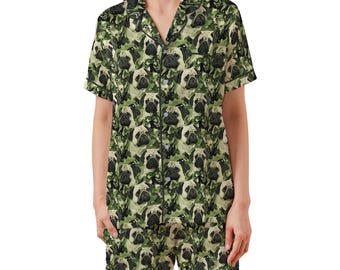 Camo Mops Satin Pyjama | PJs mit Taschen, für Kinder und Erwachsene