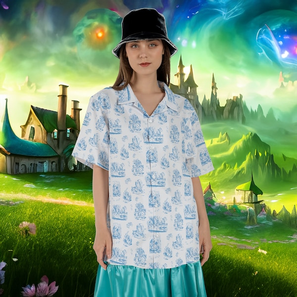 Alice Aloha Wonderland Shirt, Unisex Fit, Camp Shirt, Fun Alice Toile Design, Great for Vacation or Casual Wear, Adult and Youth Sizes