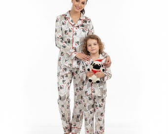 Christmas Pug Matching Family Satin Pajamas with Pockets: Adult and Kids