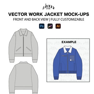 Op de afbeelding: Een mockup van een werkjas met een voor- en achterkant. De jas is grijs met een ritssluiting en twee zakken. De tekst "EXAMPLE" wordt getoond op een blauwe jas met een witte kraag.