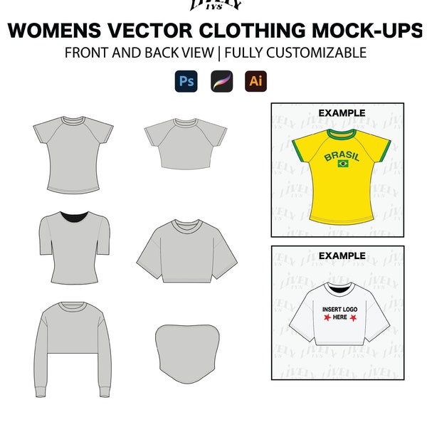 Crop tops women Vector Mock-ups|Streetwear Clothing Vector Mockups Techpack Clothing Brand Fashion Design Tool Adobe Illustrator  Procreate