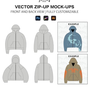 May include: Vector zip-up mock-ups in front and back views. The image shows gray line drawings of zip-up hoodies, with examples of finished designs in blue and brown. Text includes "VECTOR ZIP-UP MOCK-UPS" and "FULLY CUSTOMIZABLE".