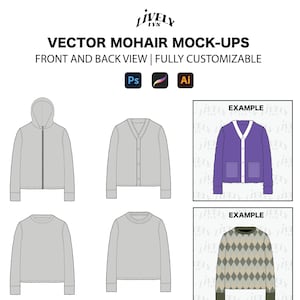 May include: Four different mockups of long-sleeved sweaters. The sweaters are shown in a light gray color. The first sweater is a hoodie with a zipper. The second sweater is a cardigan with buttons. The third sweater is a crew neck sweater. The fourth sweater is a turtleneck sweater. The mockups are shown in front and back views. The text "VECTOR MOHAIR MOCK-UPS" is at the top of the image. The text "FRONT AND BACK VIEW | FULLY CUSTOMIZABLE" is below the text "VECTOR MOHAIR MOCK-UPS". The text "EXAMPLE" is shown twice in the image. The first example shows a purple cardigan with white trim and two pockets. The second example shows a green and white diamond patterned sweater.